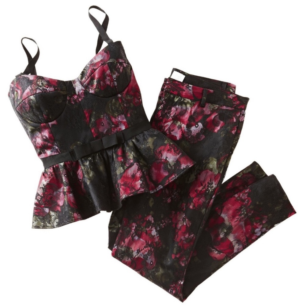 🥀 Pearl by Georgina Chapman Marchesa Black Red Floral Lace Bustier TOP ONLY | 2